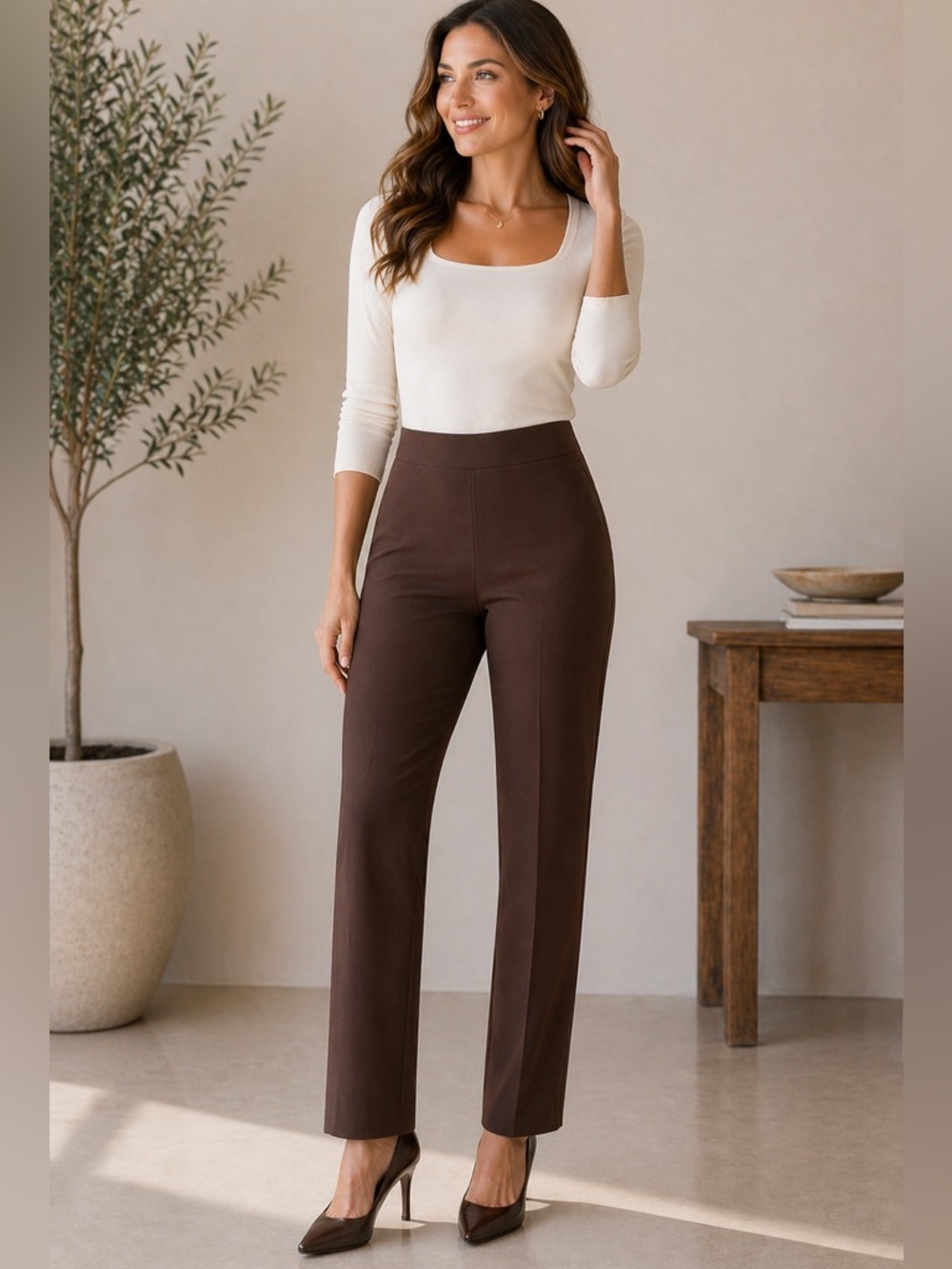 Fabrizio Gianni Designer Brown Dress Pants Stretch Comfort Side Zip 14 XL Bella